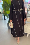 Sare Fashion Black Linen Dress with Sash Detail and Piping