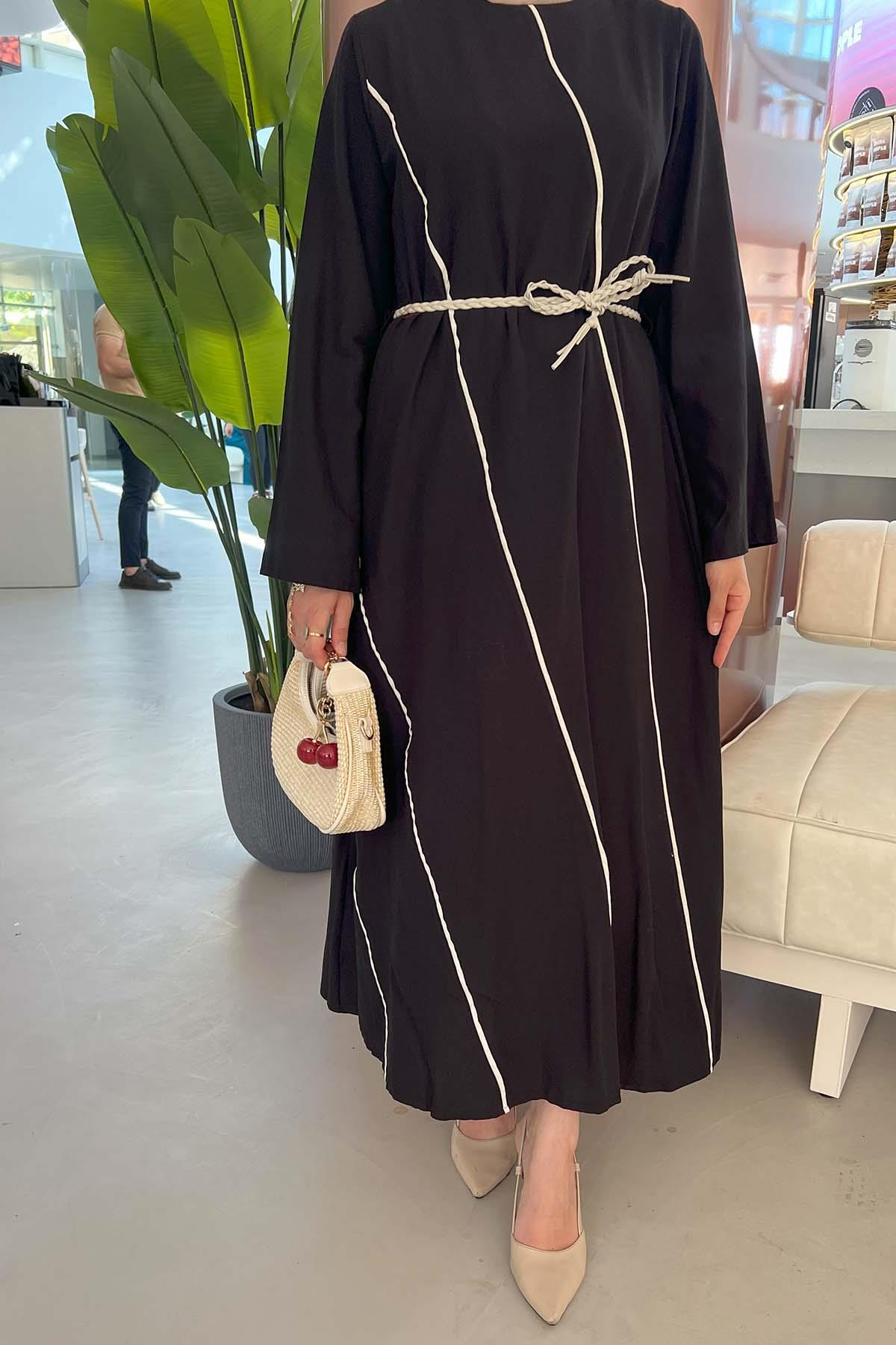 Sare Fashion Black Linen Dress with Sash Detail and Piping