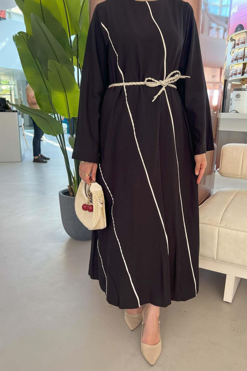 Sare Fashion Black Linen Dress with Sash Detail and Piping