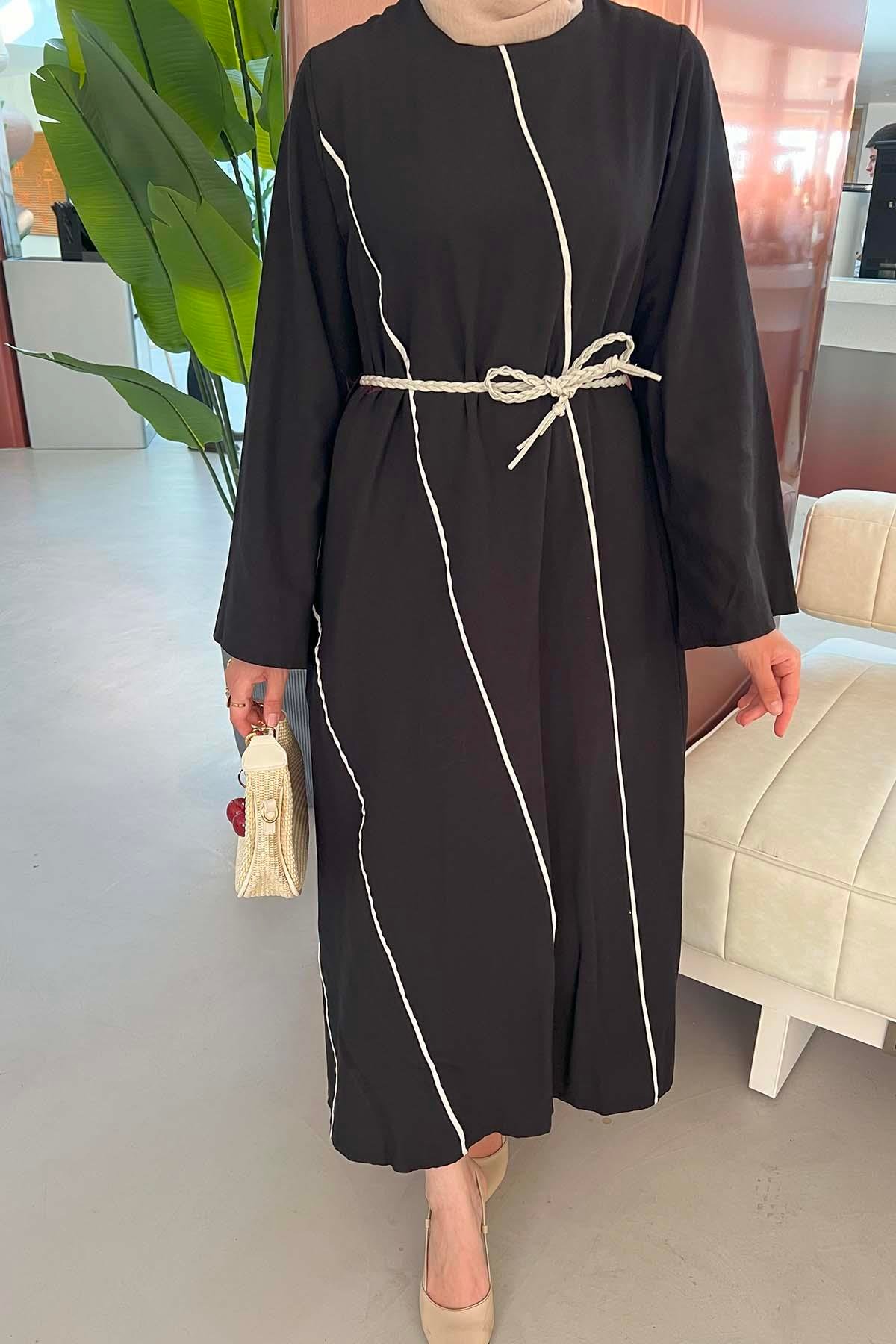 Sare Fashion Black Linen Dress with Sash Detail and Piping