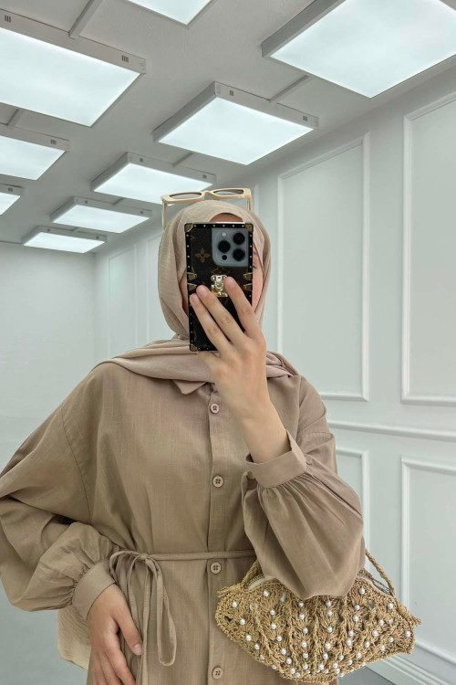 Sare Fashion Linen Long Shirt with Belt Detail Brown