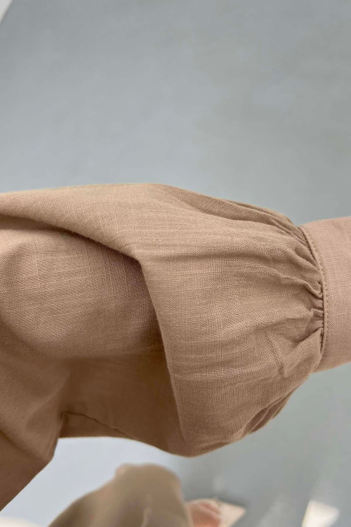Sare Fashion Linen Long Shirt with Belt Detail Brown