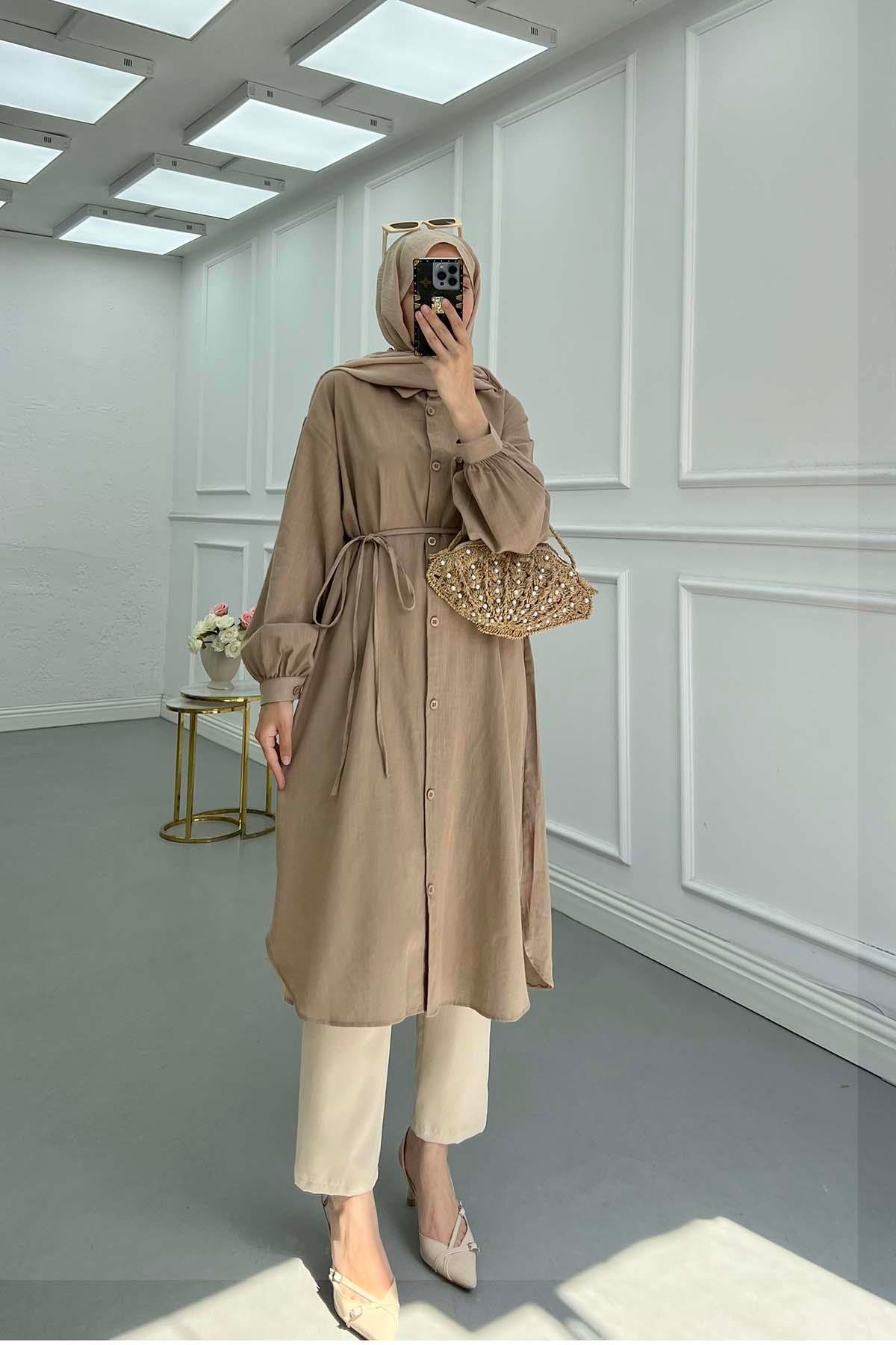Sare Fashion Linen Long Shirt with Belt Detail Brown