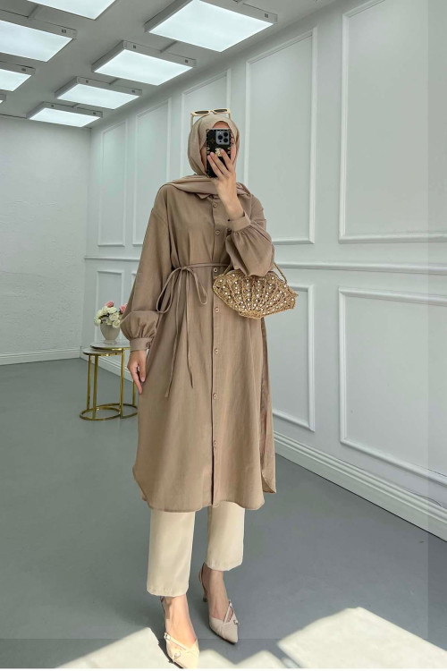 Sare Fashion Linen Long Shirt with Belt Detail Brown