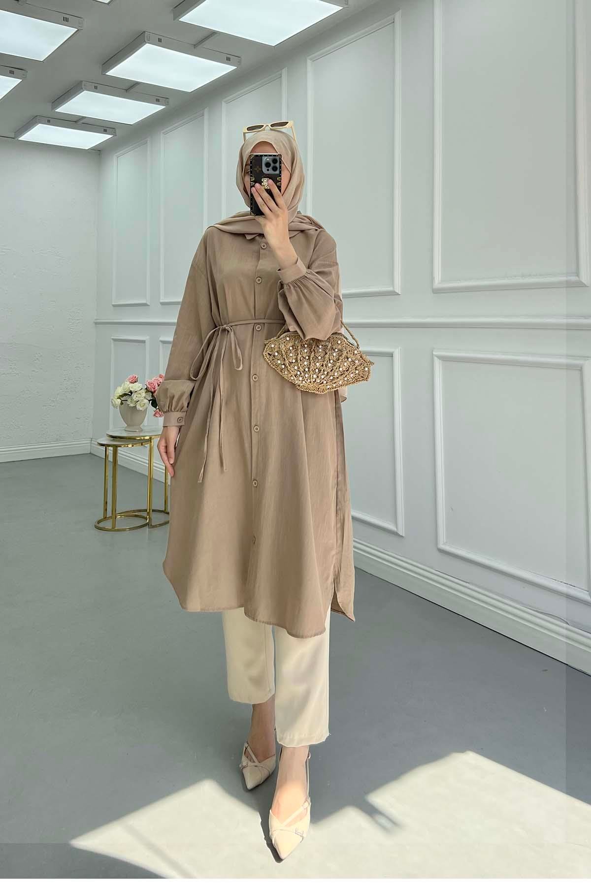 Sare Fashion Linen Long Shirt with Belt Detail Brown
