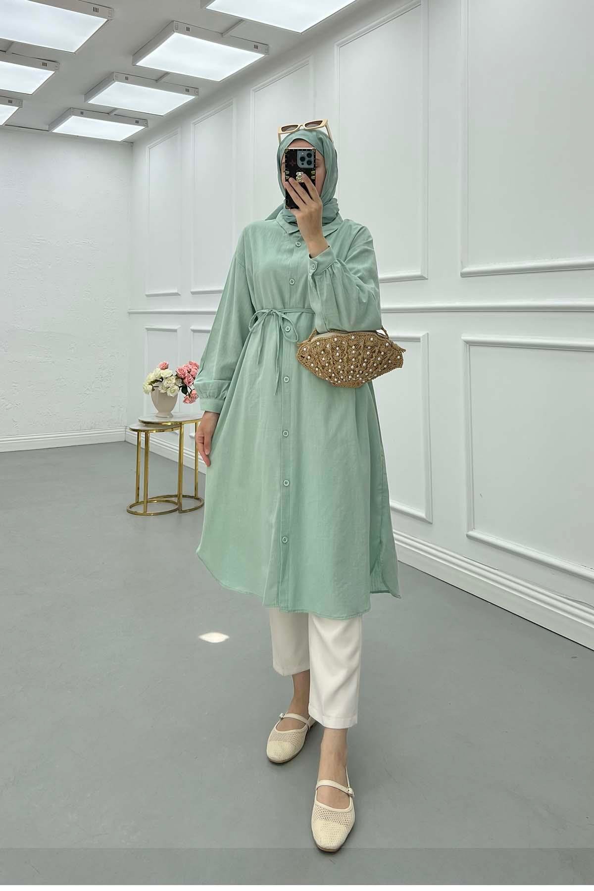 Sare Fashion Mint Linen Long Shirt with Belt Detail
