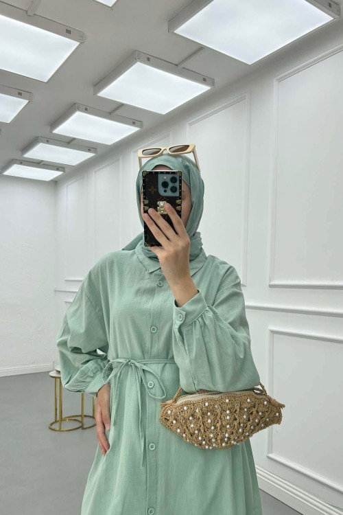 Sare Fashion Mint Linen Long Shirt with Belt Detail