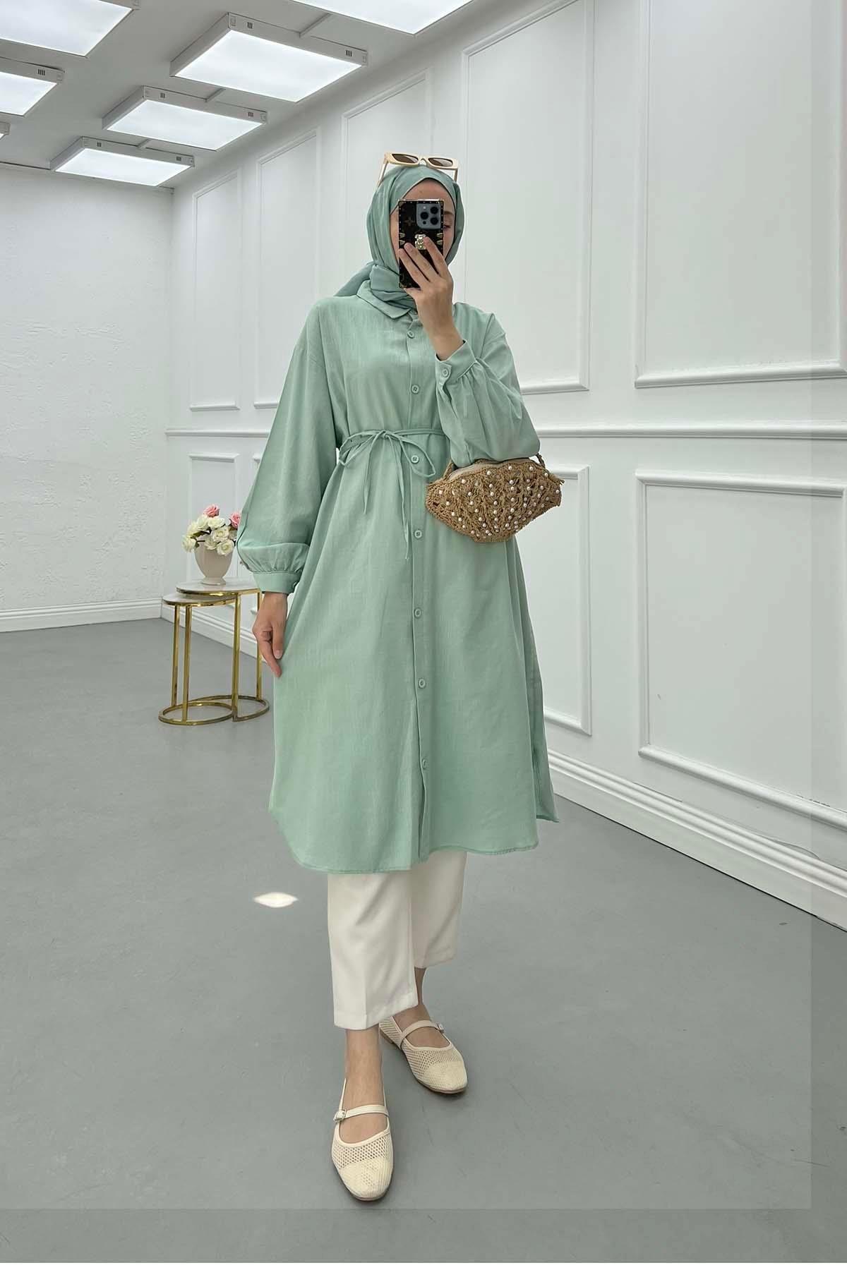 Sare Fashion Mint Linen Long Shirt with Belt Detail