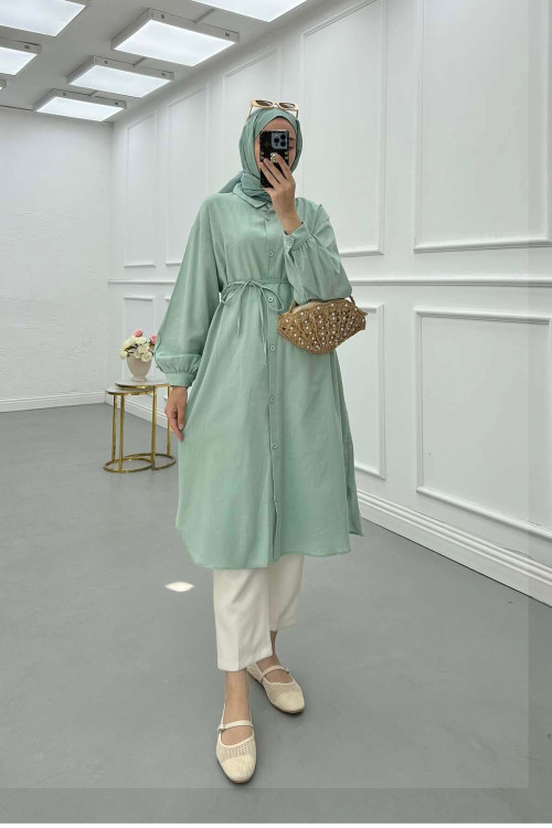 Sare Fashion Mint Linen Long Shirt with Belt Detail