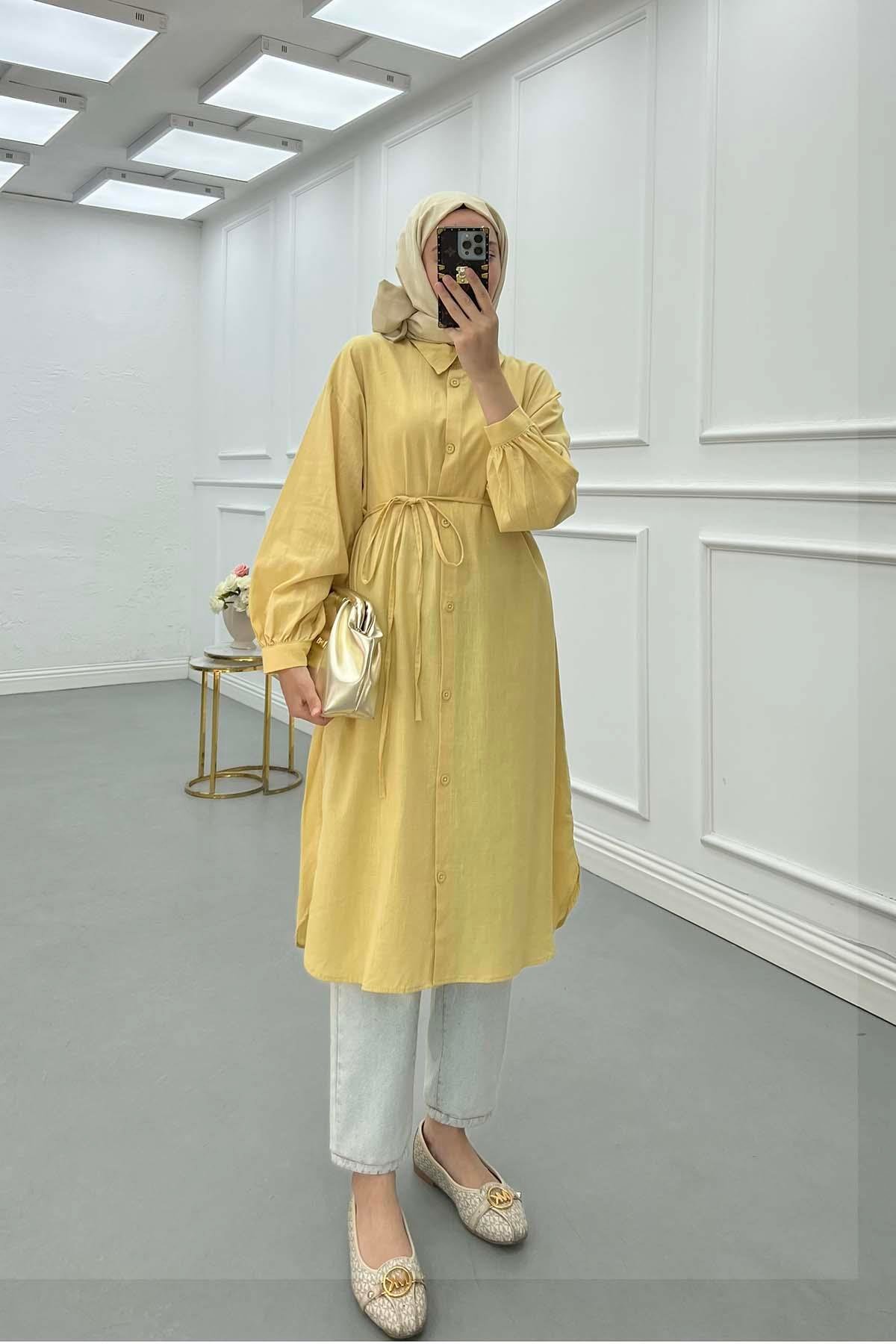 Sare Fashion Linen Long Shirt with Belt Detail in Yellow
