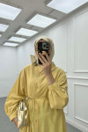 Sare Fashion Linen Long Shirt with Belt Detail in Yellow