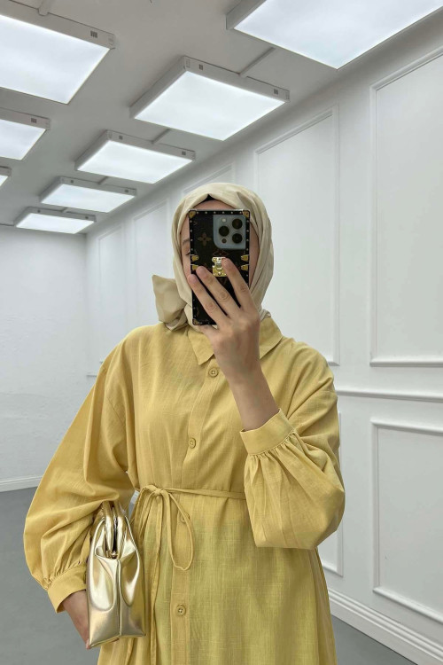 Sare Fashion Linen Long Shirt with Belt Detail in Yellow