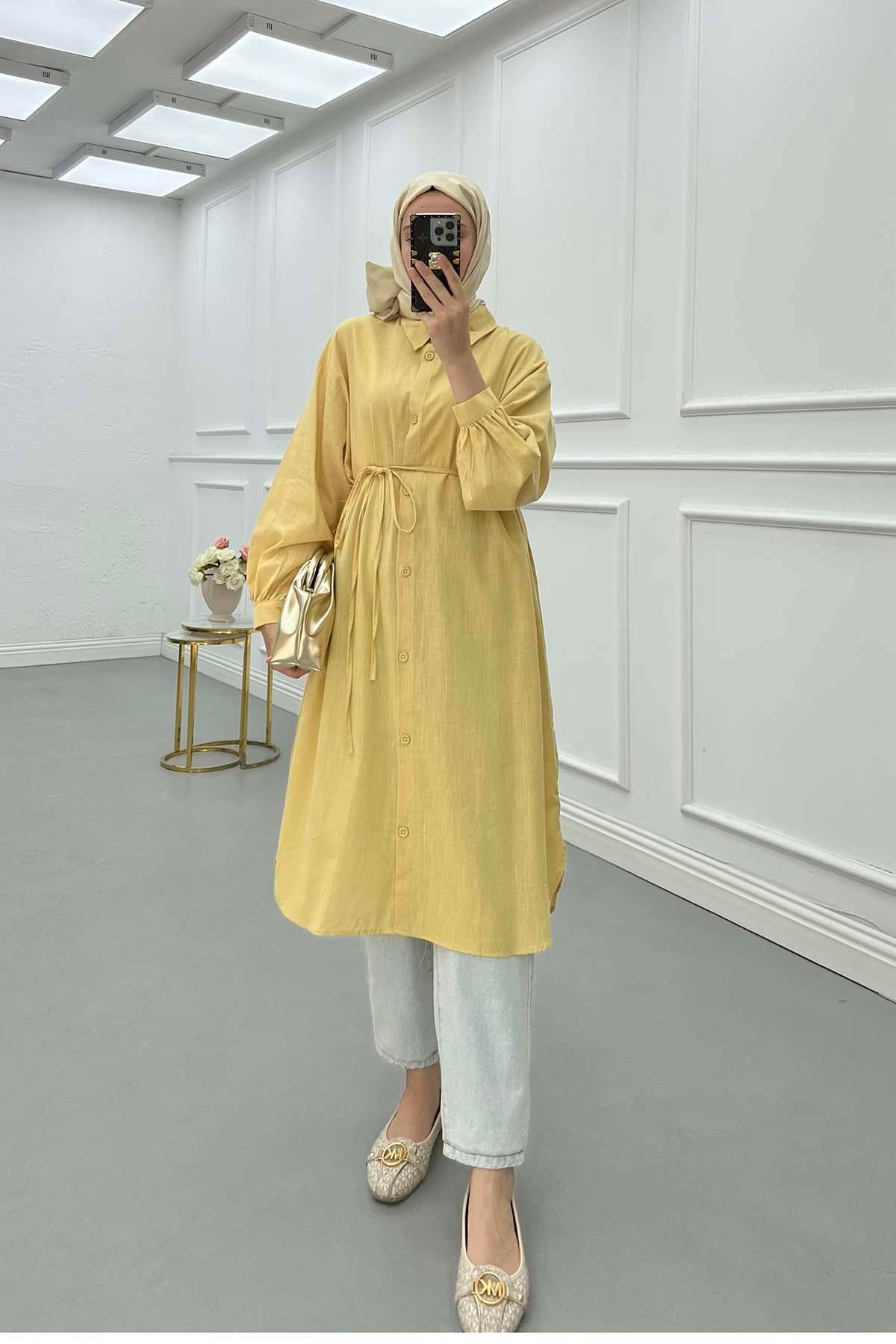Sare Fashion Linen Long Shirt with Belt Detail in Yellow
