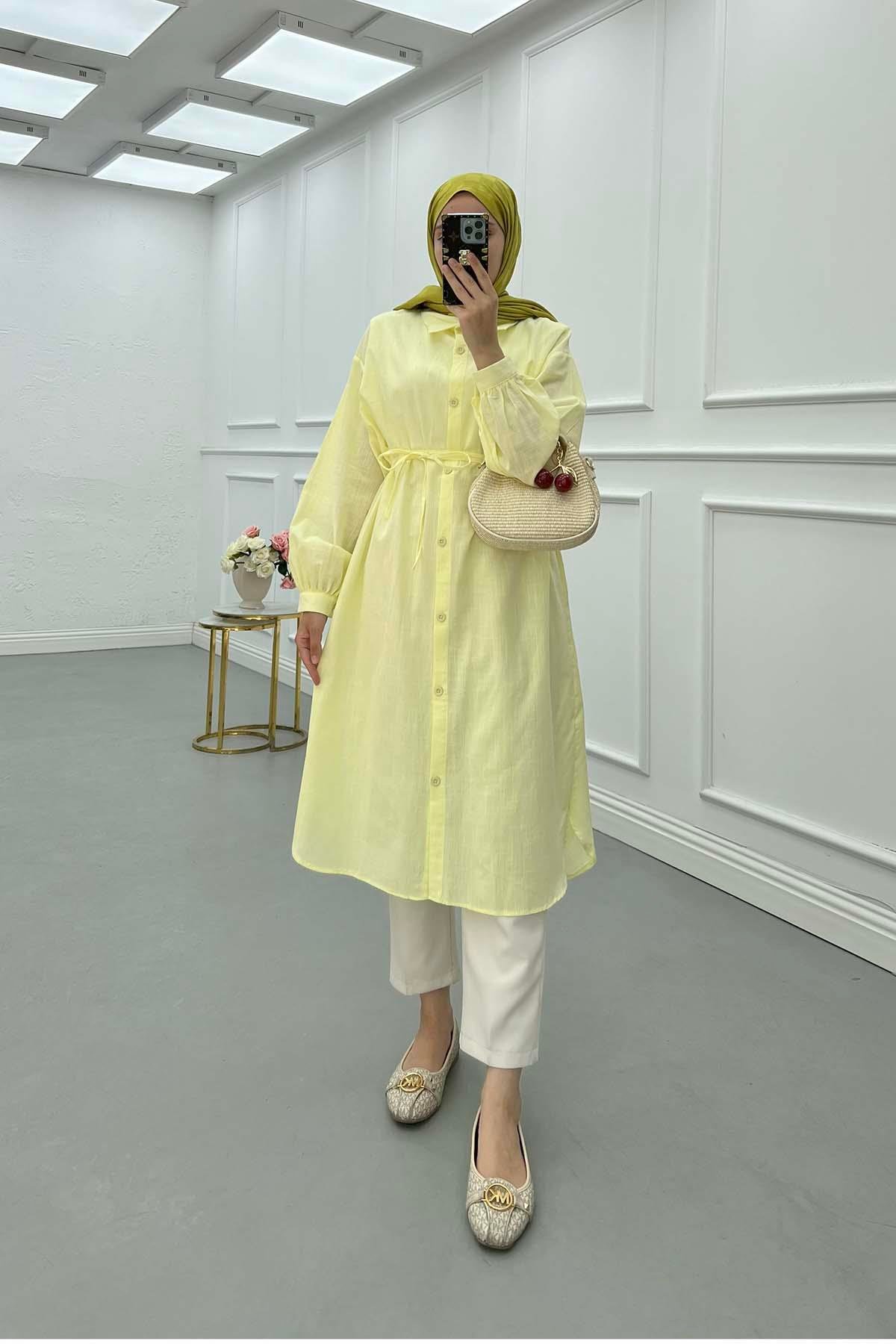 Sare Fashion Linen Long Shirt with Belt Detail Oil Yellow