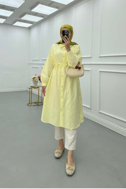 Sare Fashion Linen Long Shirt with Belt Detail Oil Yellow