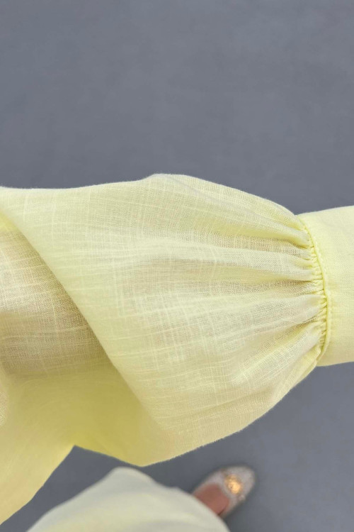 Sare Fashion Linen Long Shirt with Belt Detail Oil Yellow
