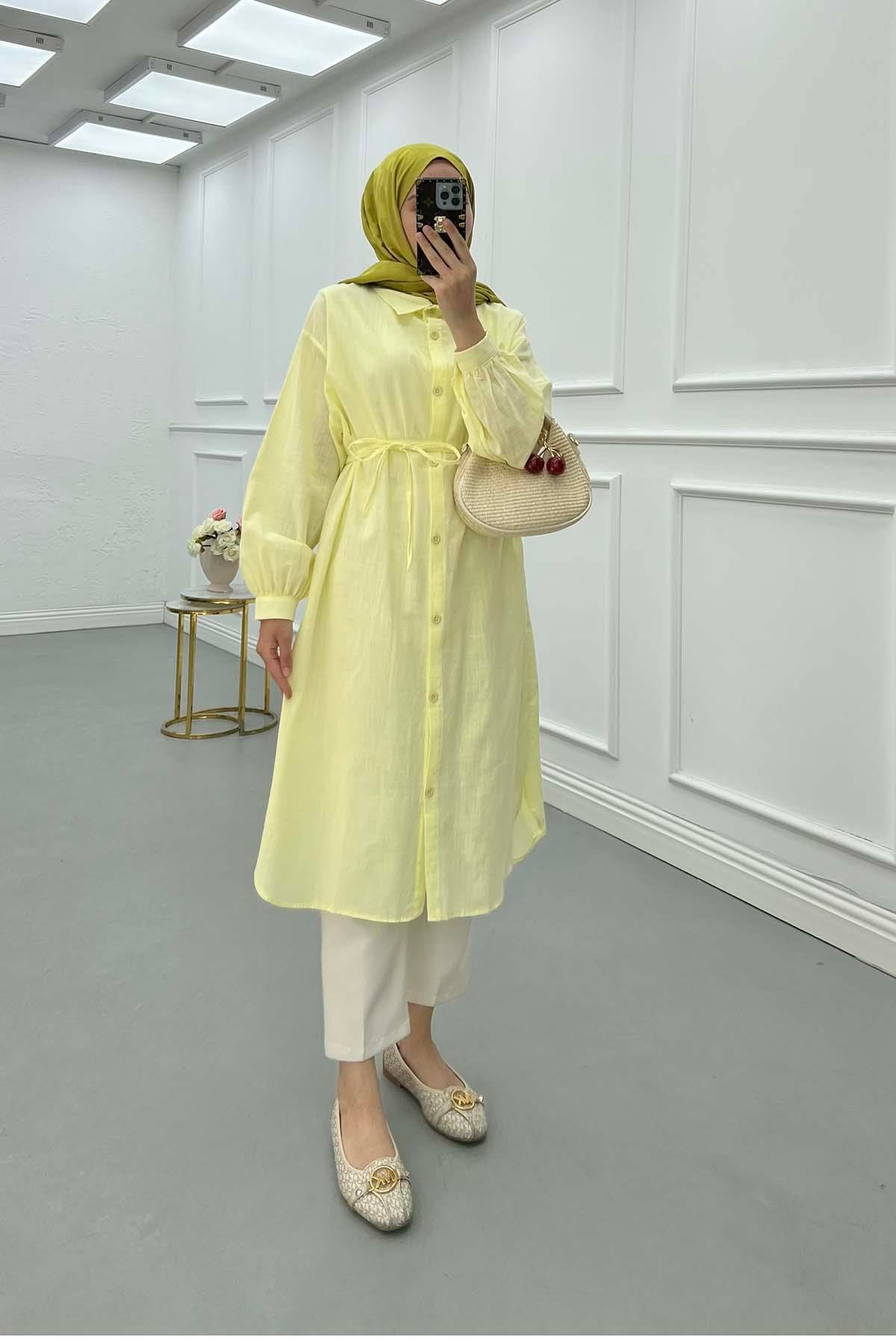 Sare Fashion Linen Long Shirt with Belt Detail Oil Yellow