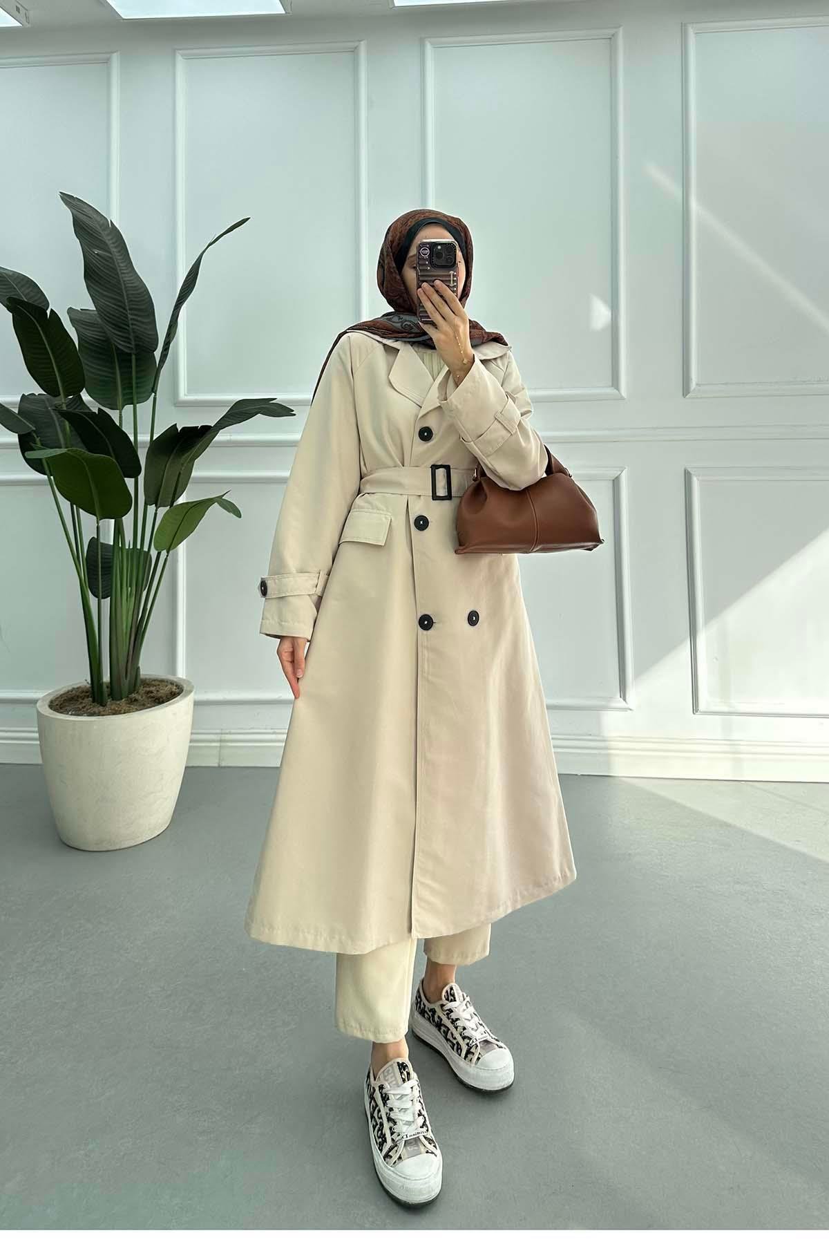 Sare Fashion Belted Lined Trench Coat Beige Sare Fashion Belted Lined Trench Coat Beige