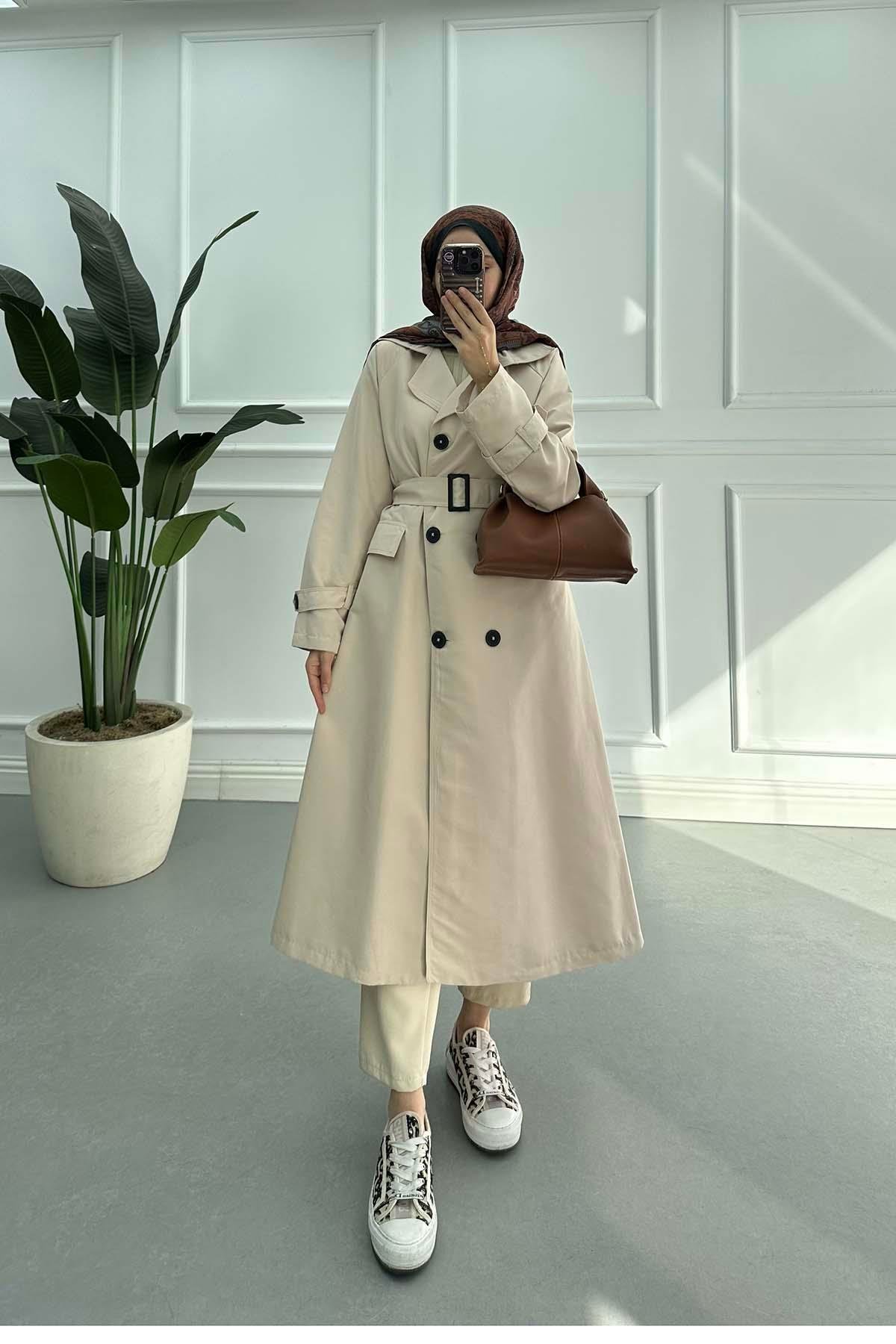Sare Fashion Belted Lined Trench Coat Beige