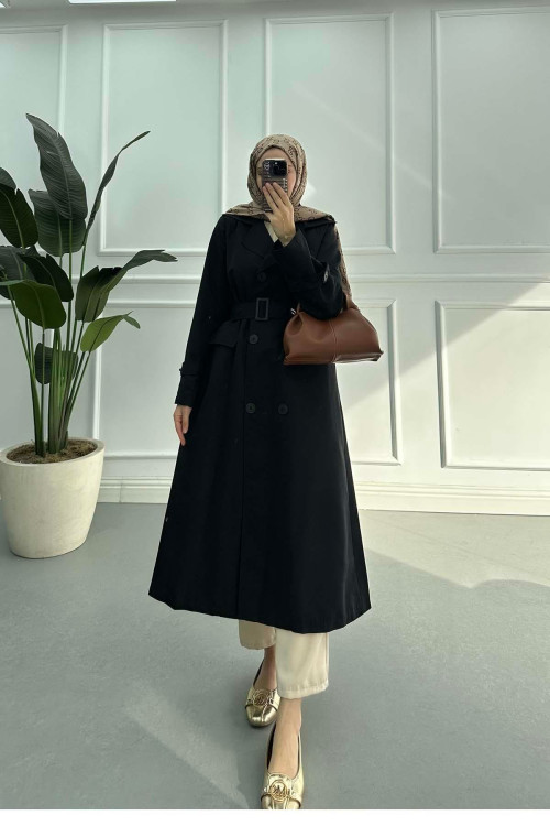 Sare Fashion Belted Lined Trench Coat Black
