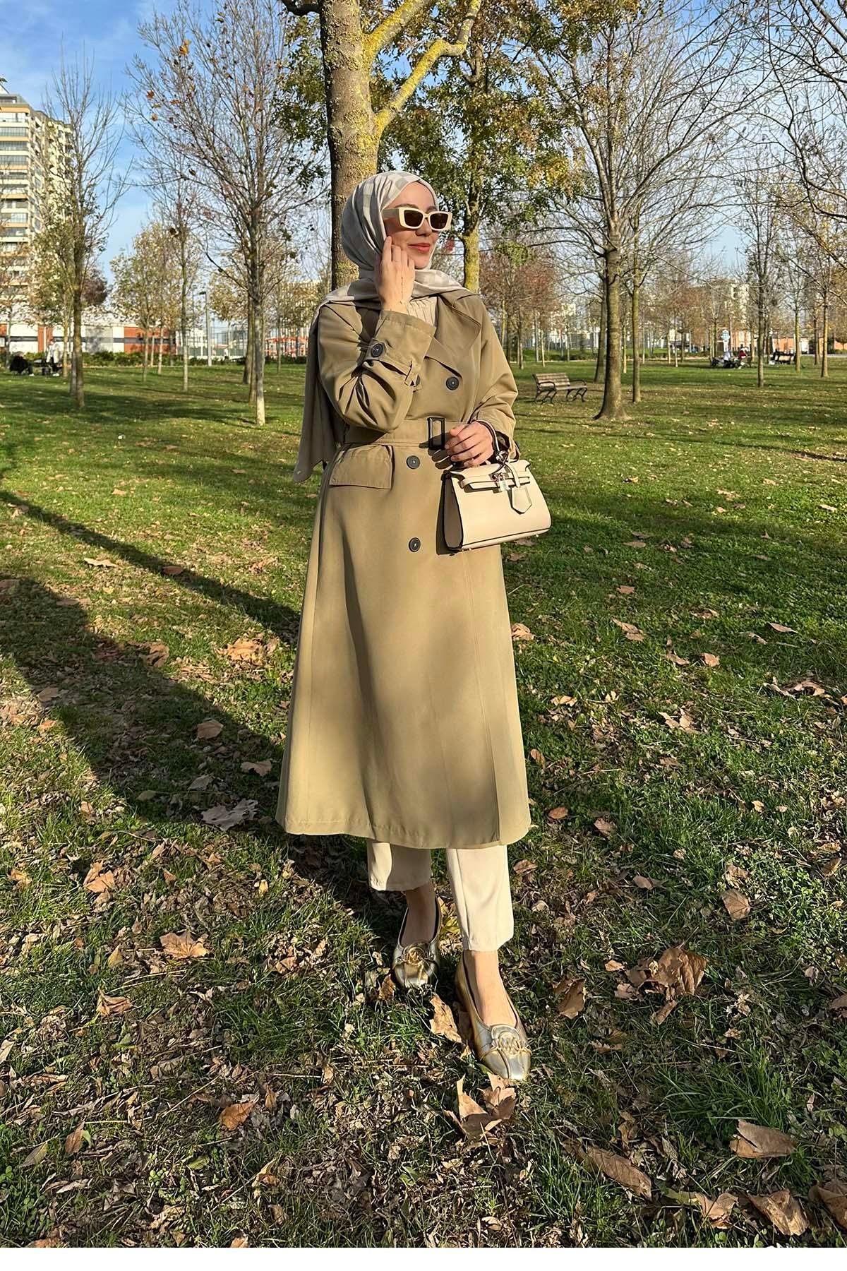 Sare Fashion Belted Lined Trench Coat Green