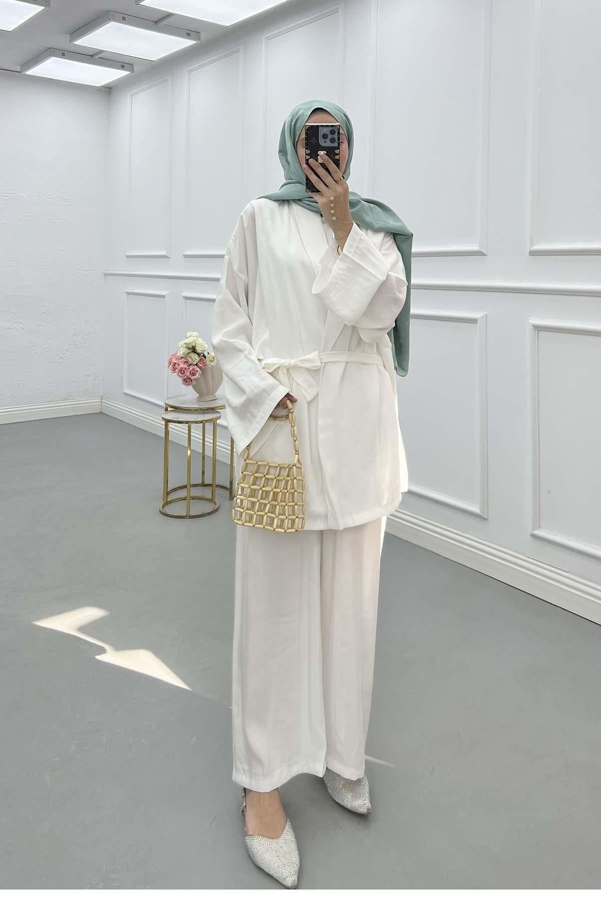 Sare Fashion Belted Jacket Kimono Suit White