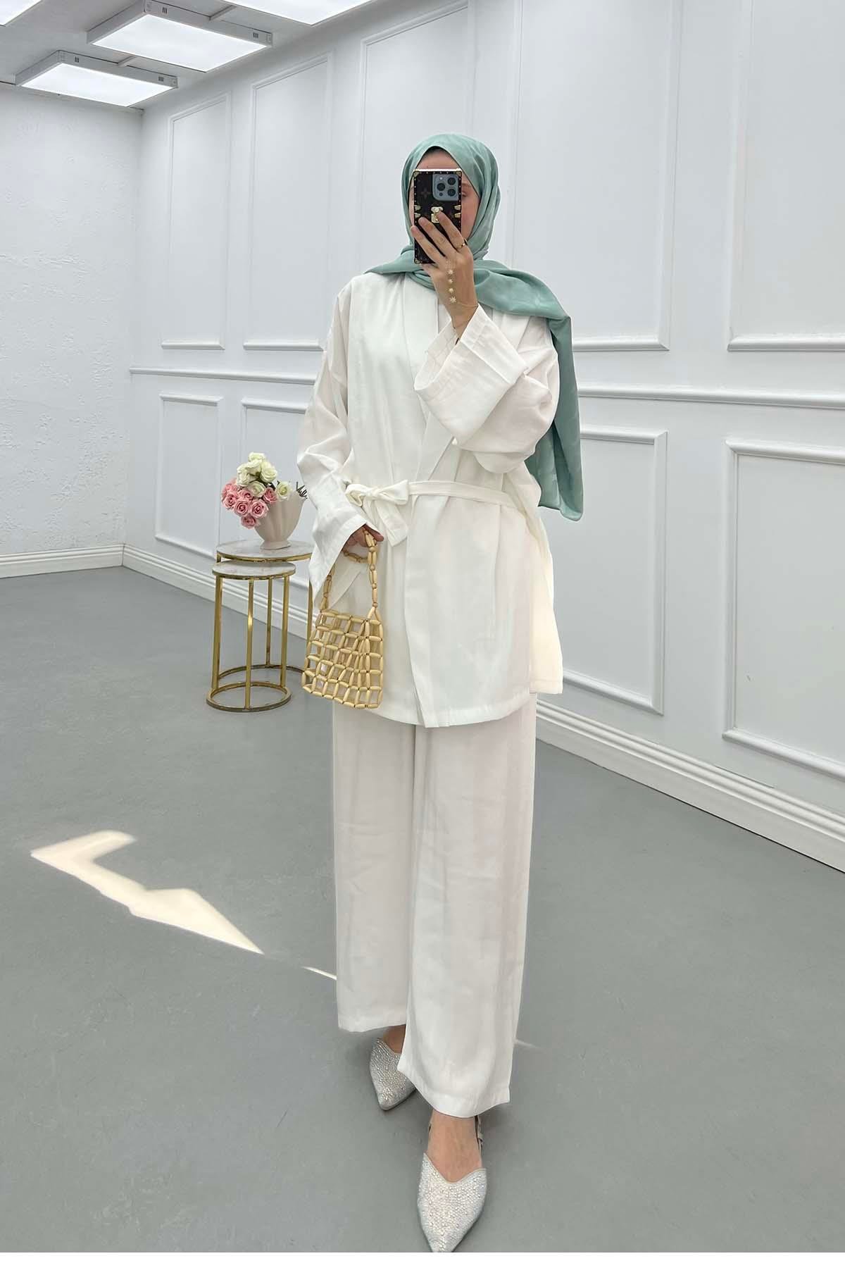 Sare Fashion Belted Jacket Kimono Suit White