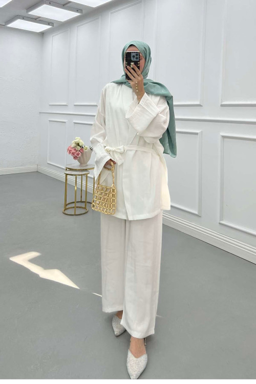 Sare Fashion Belted Jacket Kimono Suit White