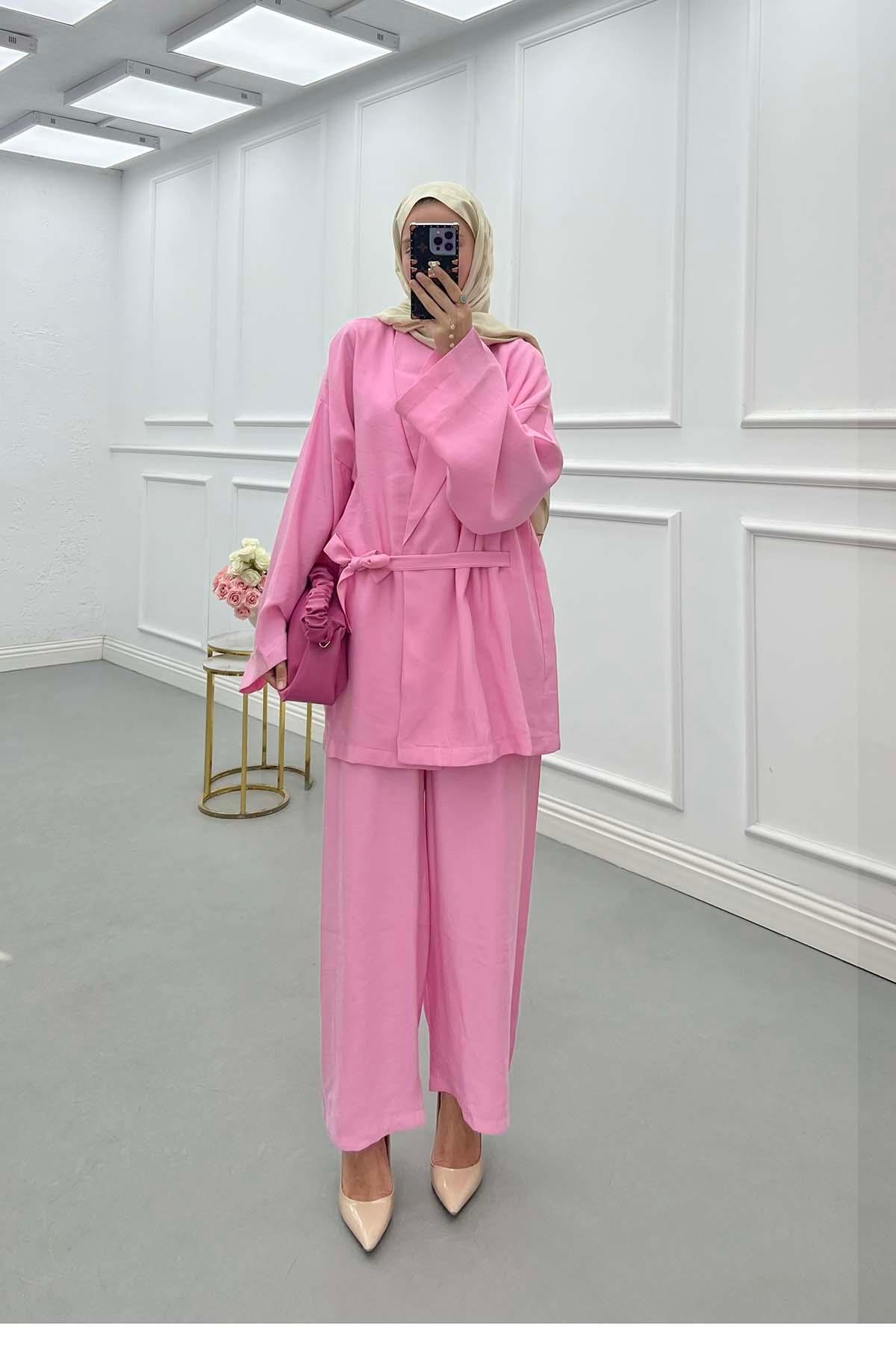 Sare Fashion Belted Jacket Kimono Suit Pink