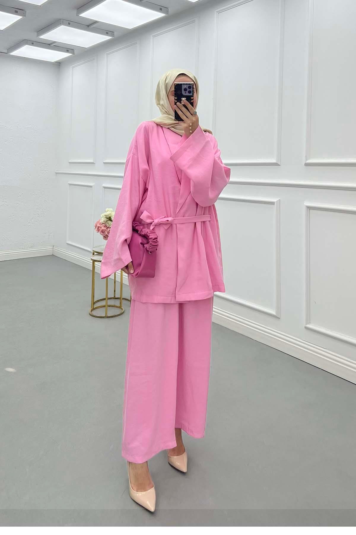 Sare Fashion Belted Jacket Kimono Suit Pink