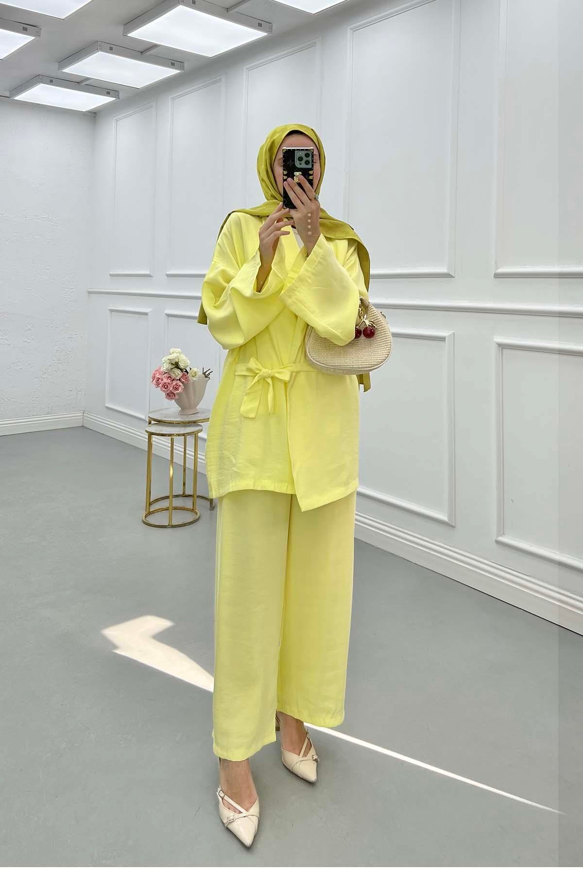 Sare Fashion Belted Jacket Kimono Suit Yellow