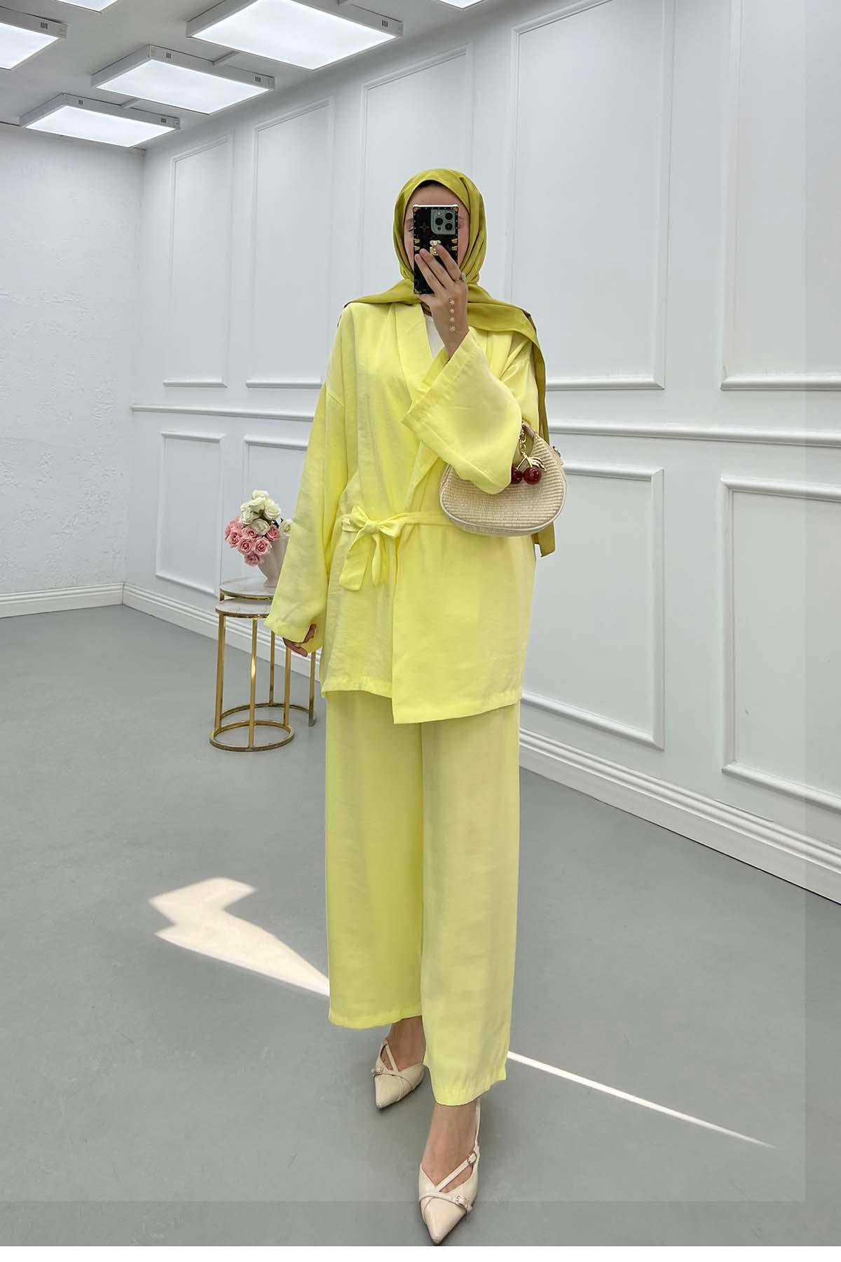 Sare Fashion Belted Jacket Kimono Suit Yellow