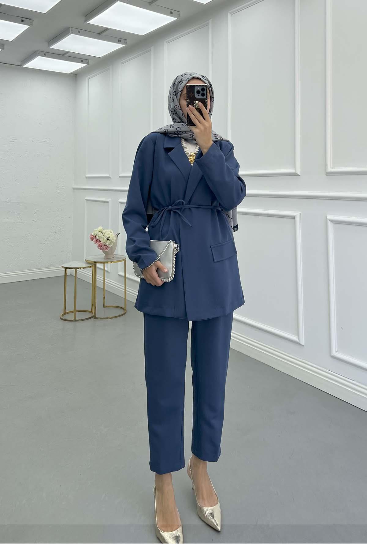 Sare Fashion Belted Jacket Set Indigo Sare Fashion Belted Jacket Set Indigo