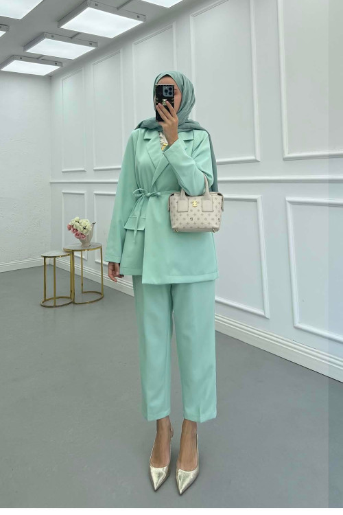 Sare Fashion Belted Jacket Set Mint Green Sare Fashion Belted Jacket Set Mint Green