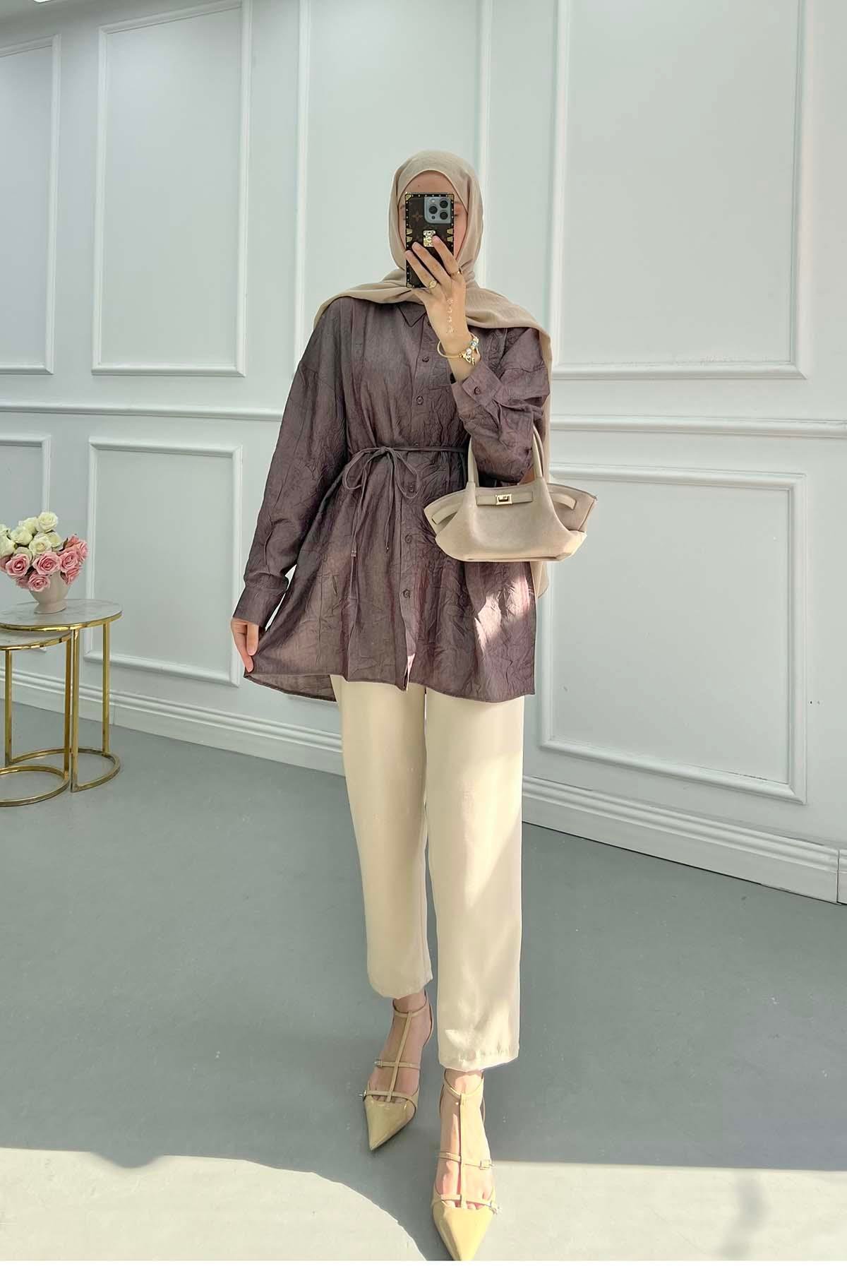 Sare Fashion Belted Crush Shirt Burgundy