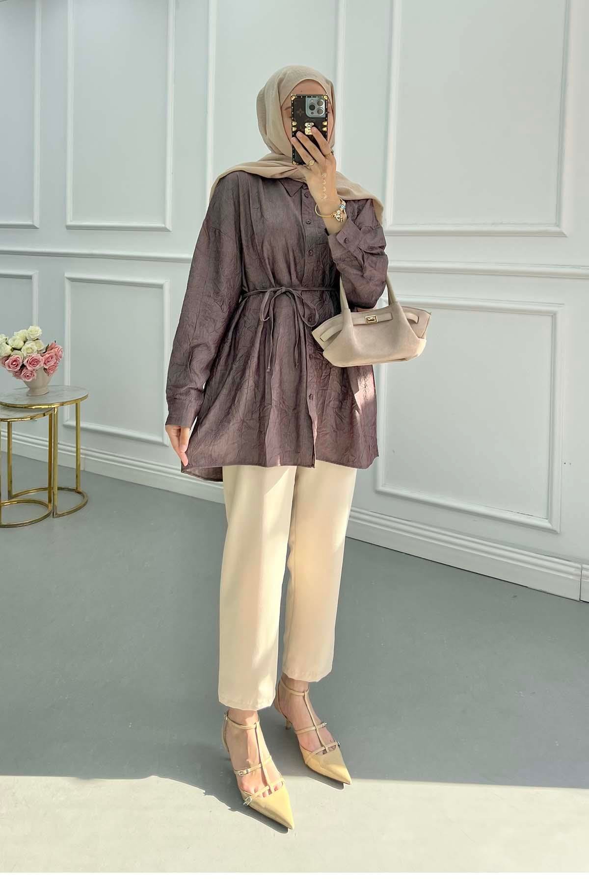 Sare Fashion Belted Crush Shirt Burgundy