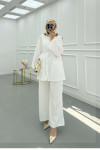 Sare Fashion Belted Linen Suit White