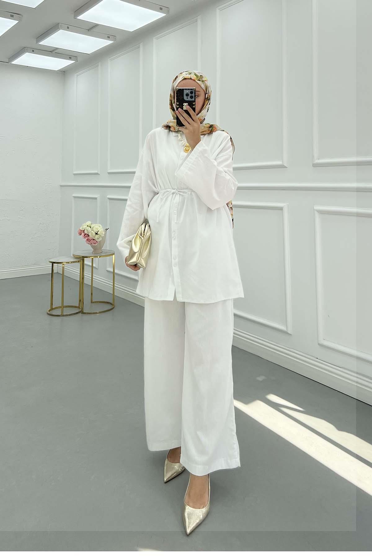 Sare Fashion Belted Linen Suit White