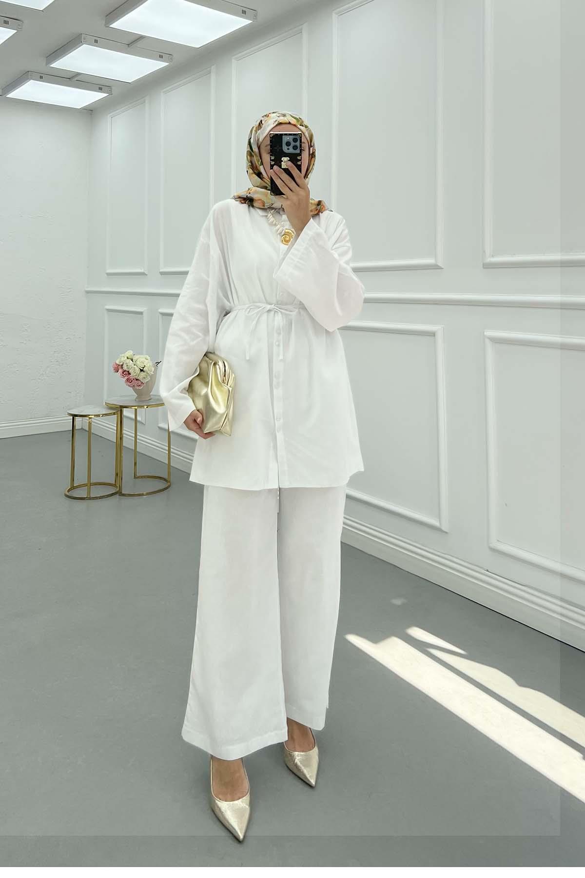 Sare Fashion Belted Linen Suit White