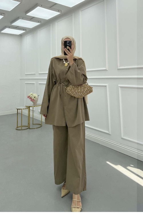 Sare Fashion Belted Linen Suit Khaki