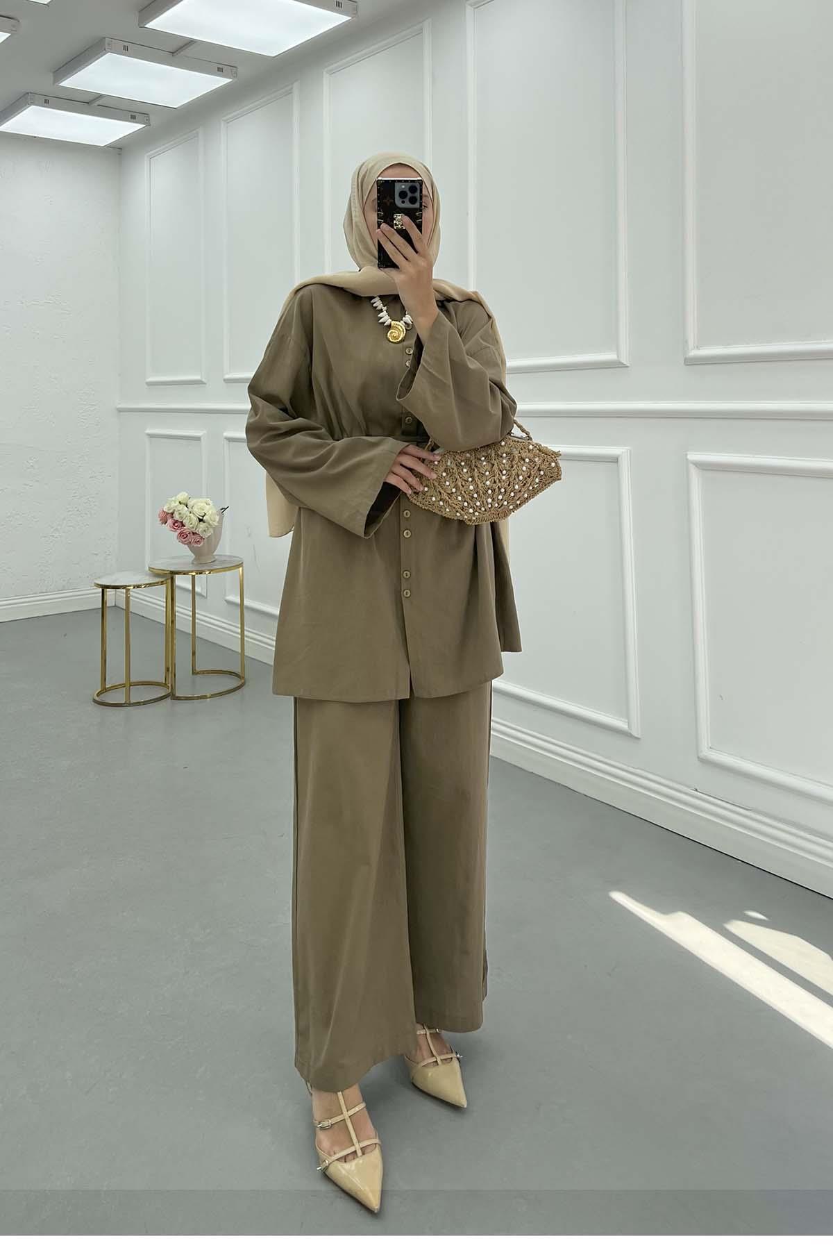 Sare Fashion Belted Linen Suit Khaki