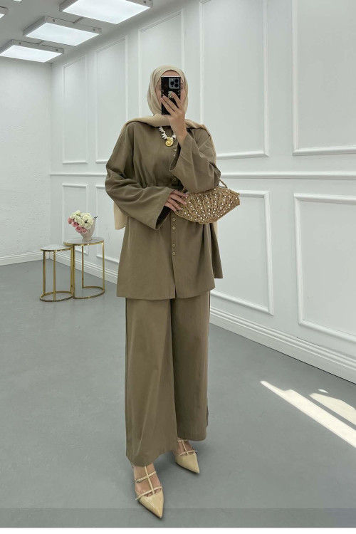 Sare Fashion Belted Linen Suit Khaki