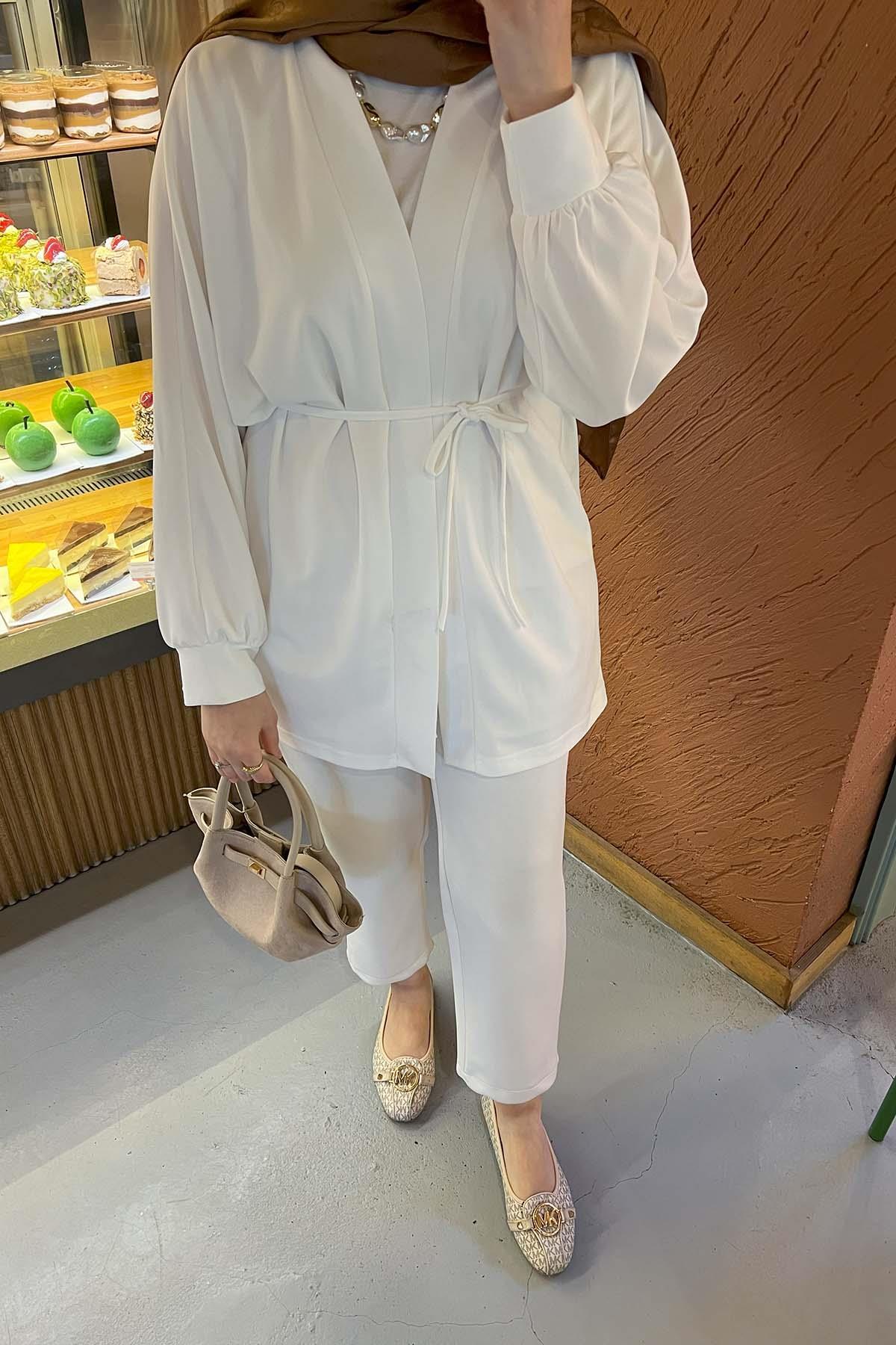 Sare Fashion Belted Kimono White
