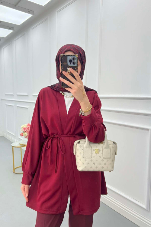 Sare Fashion Belted Kimono Burgundy
