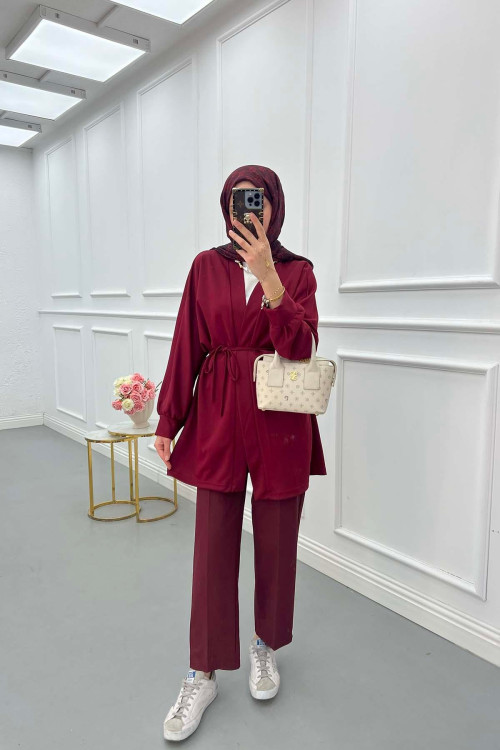Sare Fashion Belted Kimono Burgundy