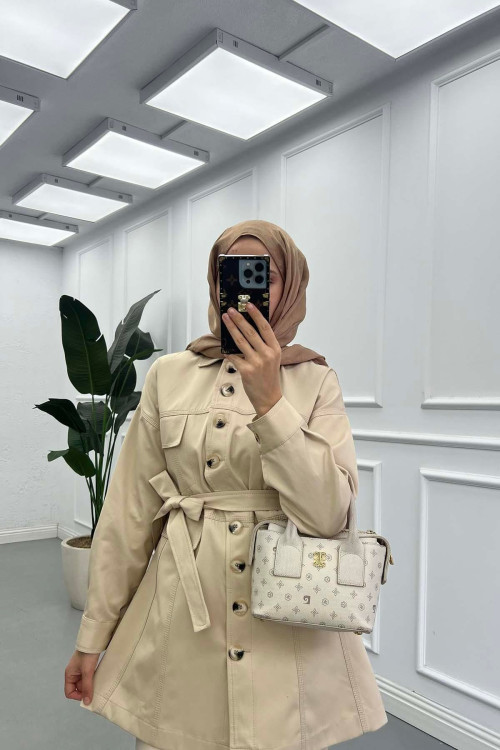 Sare Fashion Belted Denim Jacket Beige