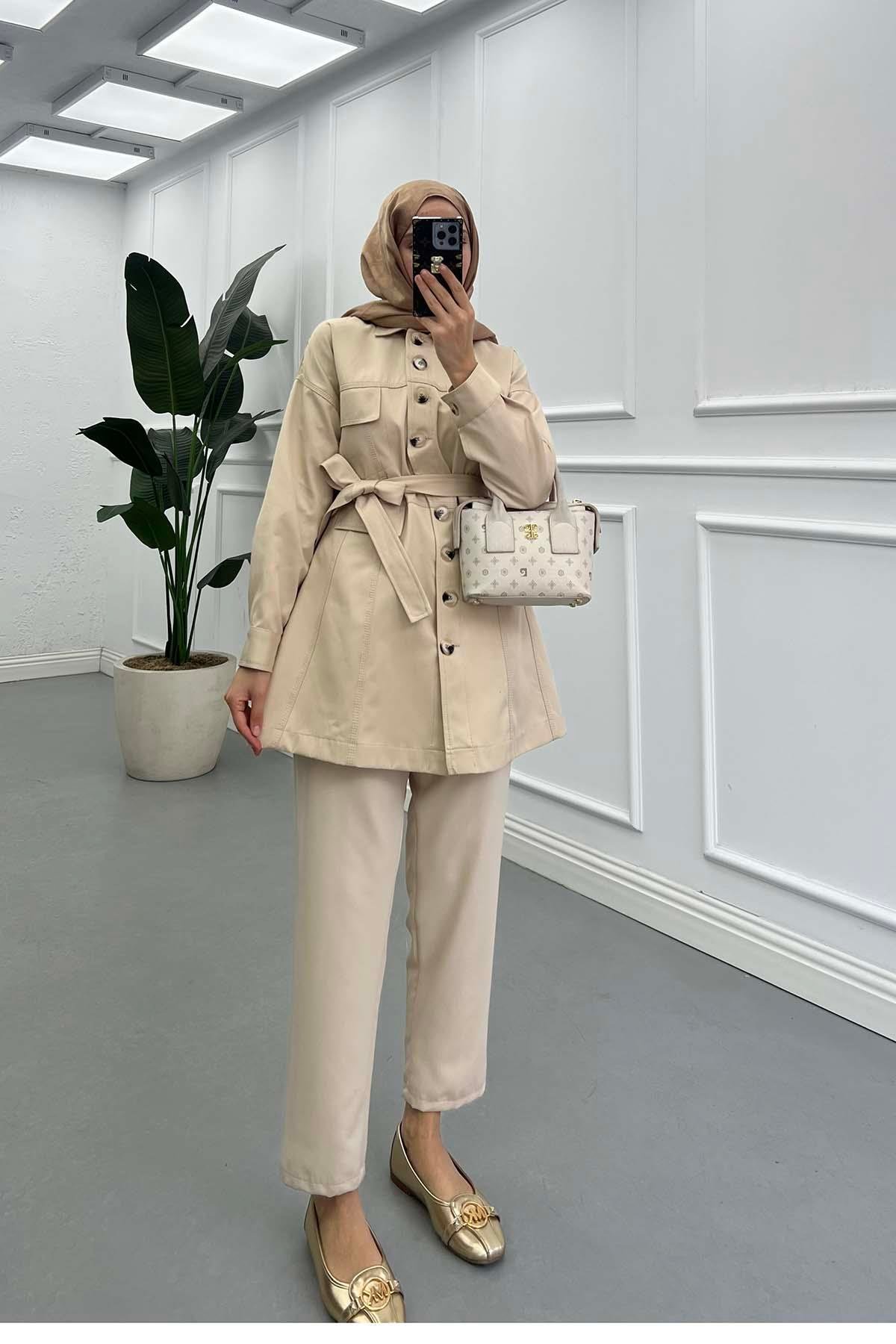 Sare Fashion Belted Denim Jacket Beige