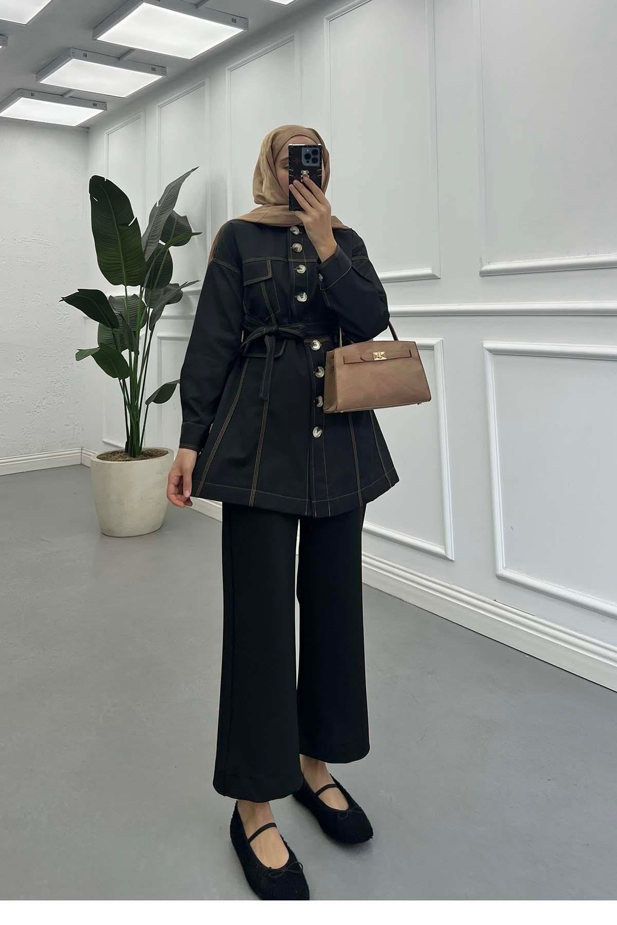 Sare Fashion Belted Denim Jacket Black