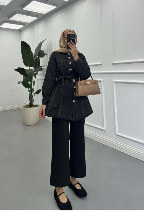 Sare Fashion Belted Denim Jacket Black Sare Fashion Belted Denim Jacket Black