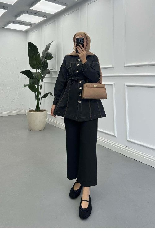 Sare Fashion Belted Denim Jacket Black Sare Fashion Belted Denim Jacket Black